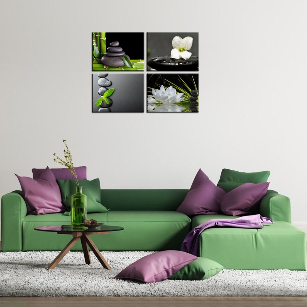 VVOVV Wall Decor Zen Wall Decor Zen Stone Elegant Lotus Flower Painting Green Bamboo Wall Pictures Bathroom Spa Room Decor Framed Gallery Wrap 12"x16"x4 Panels