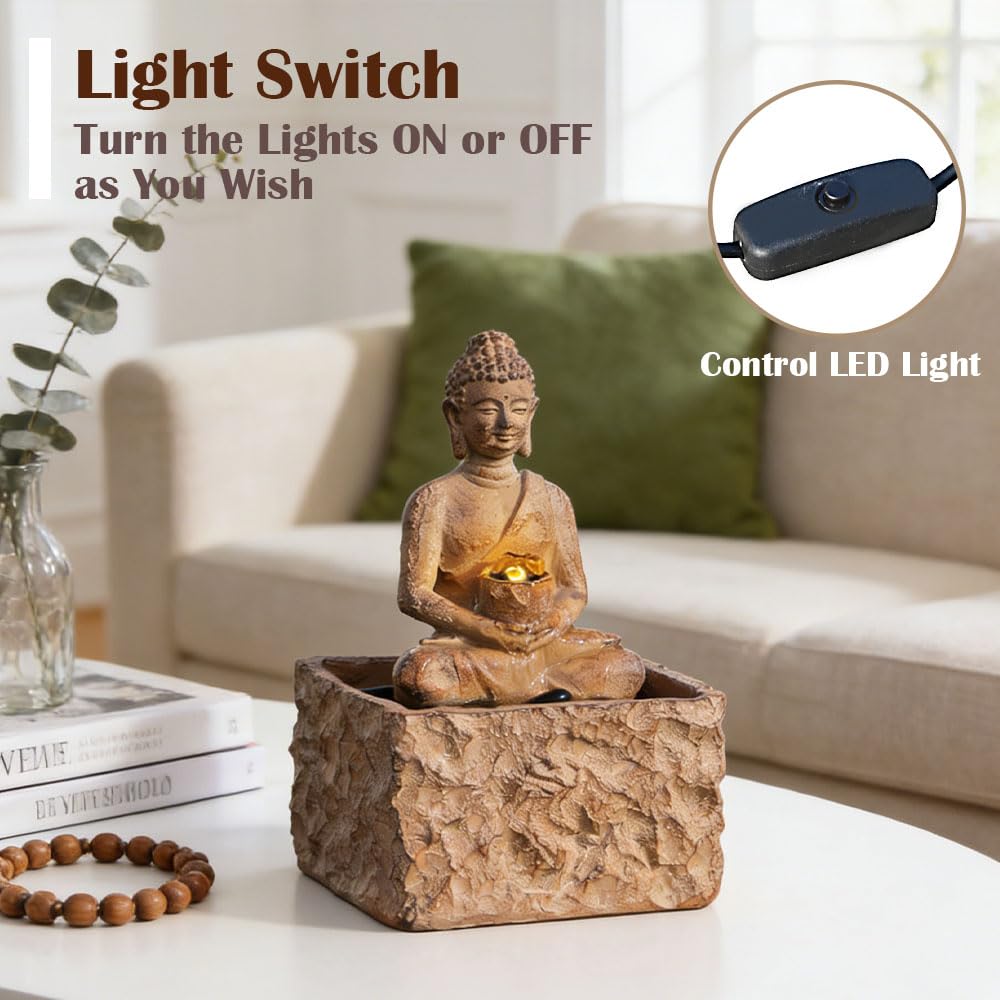 Indoor Tabletop Fountain, Zen Buddha Statue with LED Light Waterfall Fountain, ON/Off Switch with Pebbles, Modern Desktop Water Feature, Meditation Relaxation Decor for Home Office (Buddha Brown)