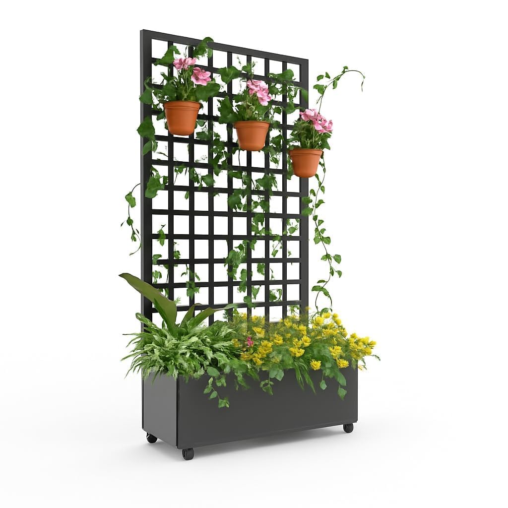 GAOMON Metal Planter Box with Square Lattice Trellis & Wheels, Raised Garden Bed w/Privacy Screen & Drainage Hole for Climbing Plants, Flower & Vine (72 in x35 in Black)