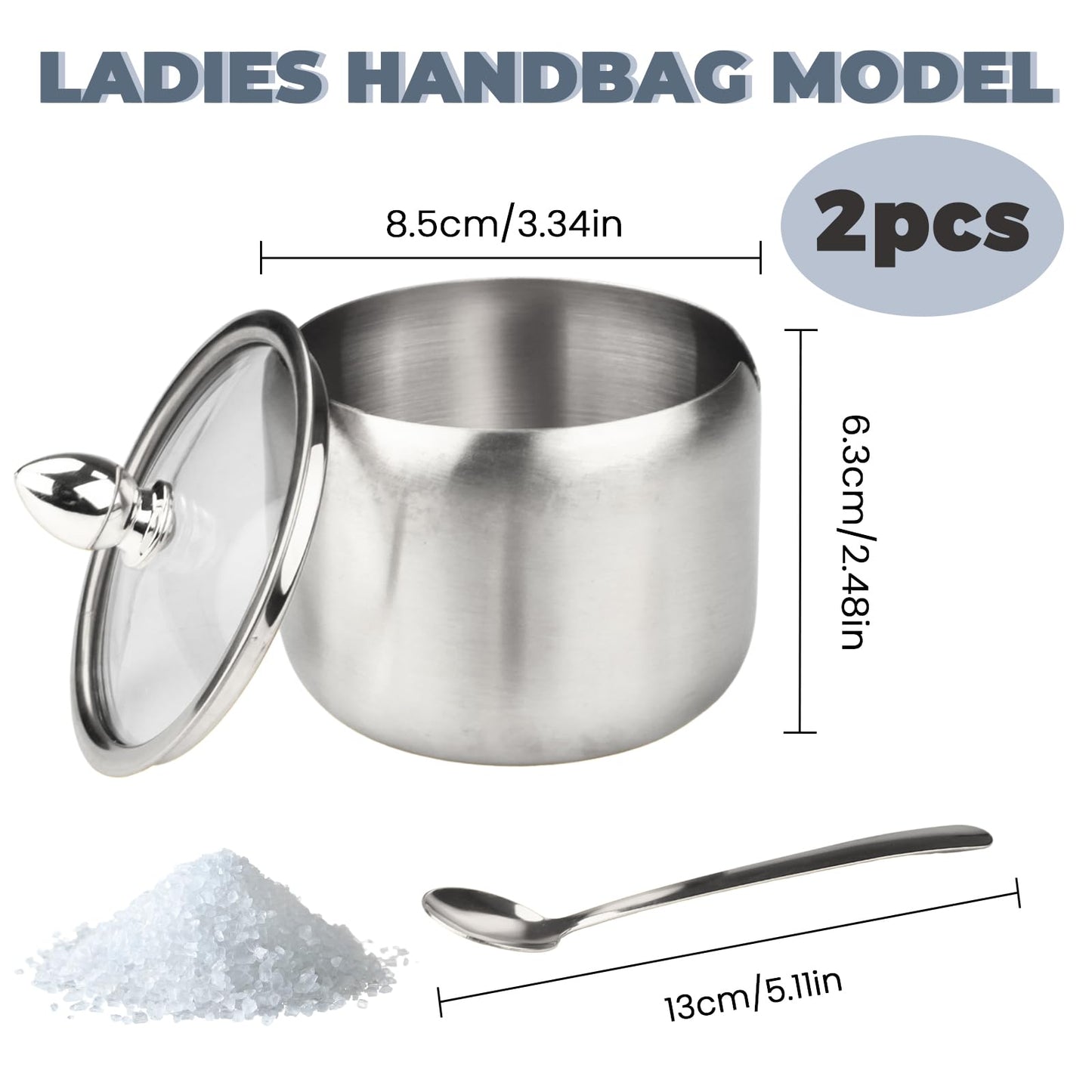 2 Pieces Stainless Steel Sugar Bowl with Lid and Spoon, 8.45 Oz/250 ML Sugar Container for Coffee Bar, Salt Bowls for Countertop Kitchen Storage Pepper Seasoning Coffee Bean Candy Spices, (Silver)