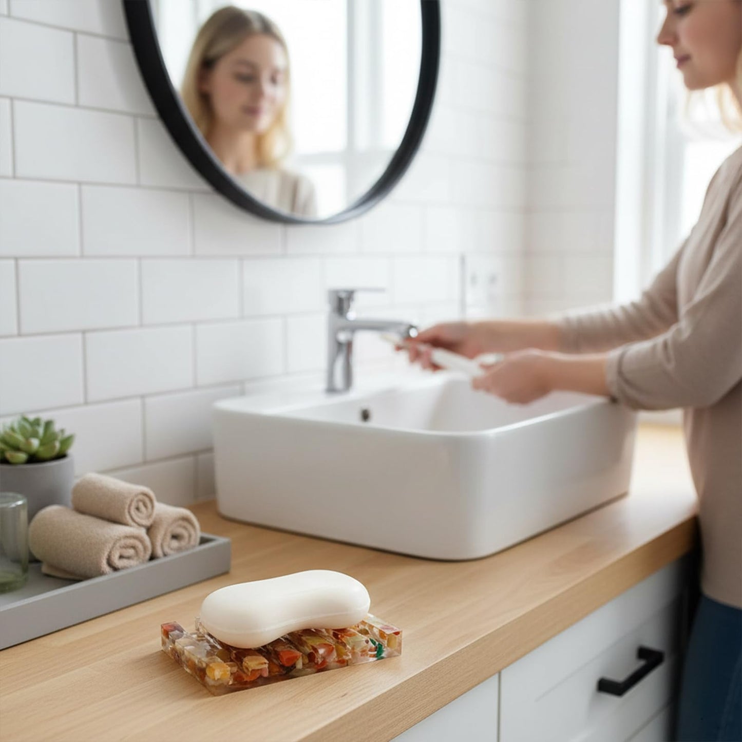 vinsiora Self Draining Soap Dish for Shower, Colorful Resin Bar Soap Holder with Double Drainage Ridges, Yuhua Stone Rectangular Soap Saver Tray for Bathroom Sink Kitchen Countertop