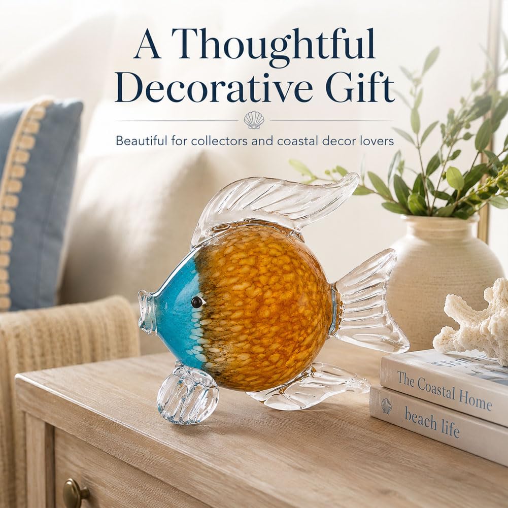 QIANLING Glass Fish Figurines - Coastal Home Decor, Modern Ocean Centerpieces for Living Room, Dining Area, Bathroom, Office, Coffee Table, Beach House, Nautical, Seaside, Entrance, Shelf Display