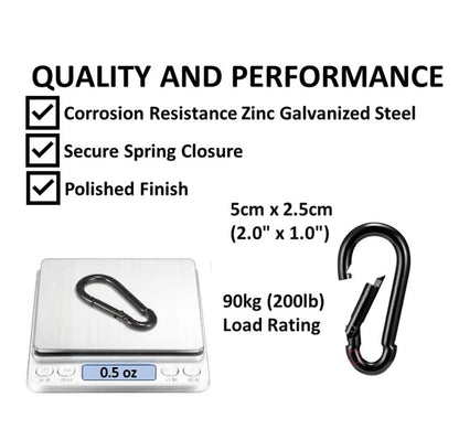 Branded Boards Black & Silver Zinc-Galvanized Heavy Duty Bushcraft Carabiner Spring Snap Clip Link Hooks 200-500lb Load 2, 6 & 12 Packs (Black-5cm-6 Pack)