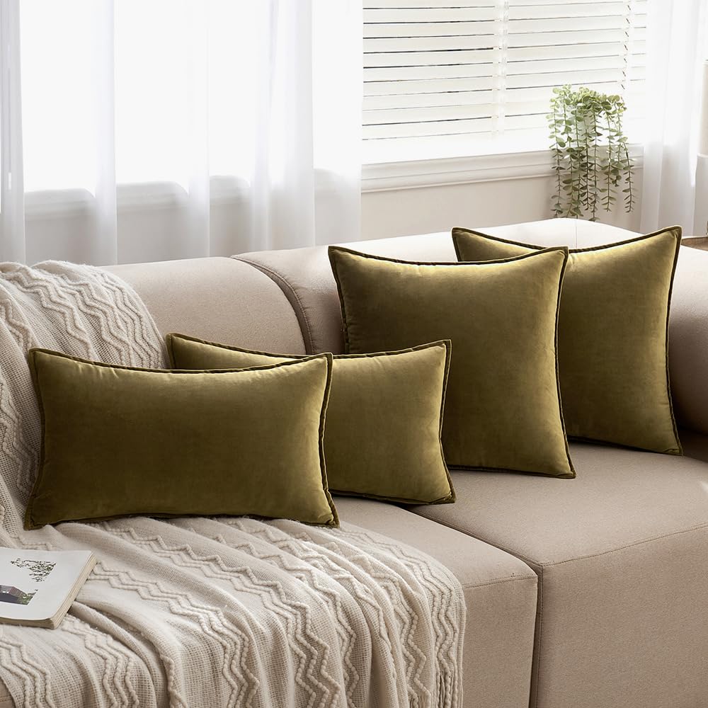 MIULEE Olive Green Velvet Throw Pillow Covers 20x20 Soft Decorative Solid Square Cushion Cases Pack of 2 Modern Luxury Home Decor for Couch, Sofa, Bedroom