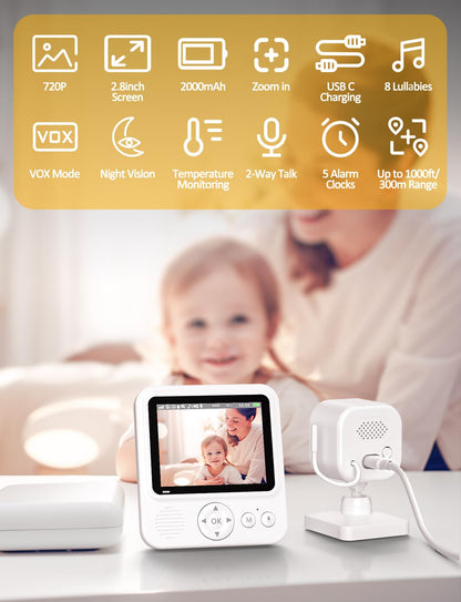 BURNNOVE Baby Monitor with Camera and Night Vision 720P IPS Video Baby Monitor with Camera 2000mAh 2.8'' VOX Mode Safe No Wi-Fi Digital Zoom 2-Way Audio Temperature Sensor Feeding Alarm for Parents