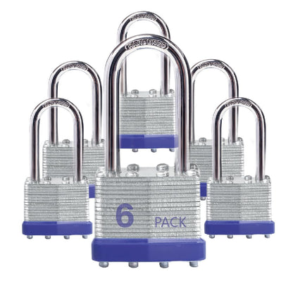 Lock Outdoor Padlocks, Key Lock, Padlocks with Same Key - Laminated Steel Keyed Padlocks with Long Shackle, 6 Pack, for Hasp Latch, Sheds, Fences, Storage Locker, School, Gym