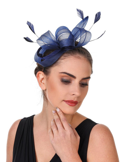 Sinamay Flower Feather Headband Fascinator Wedding Headwear Ladies Race Royal Ascot Pillbox Wedding Cocktail Tea Party Derby Hat for Women（B4-Navy）