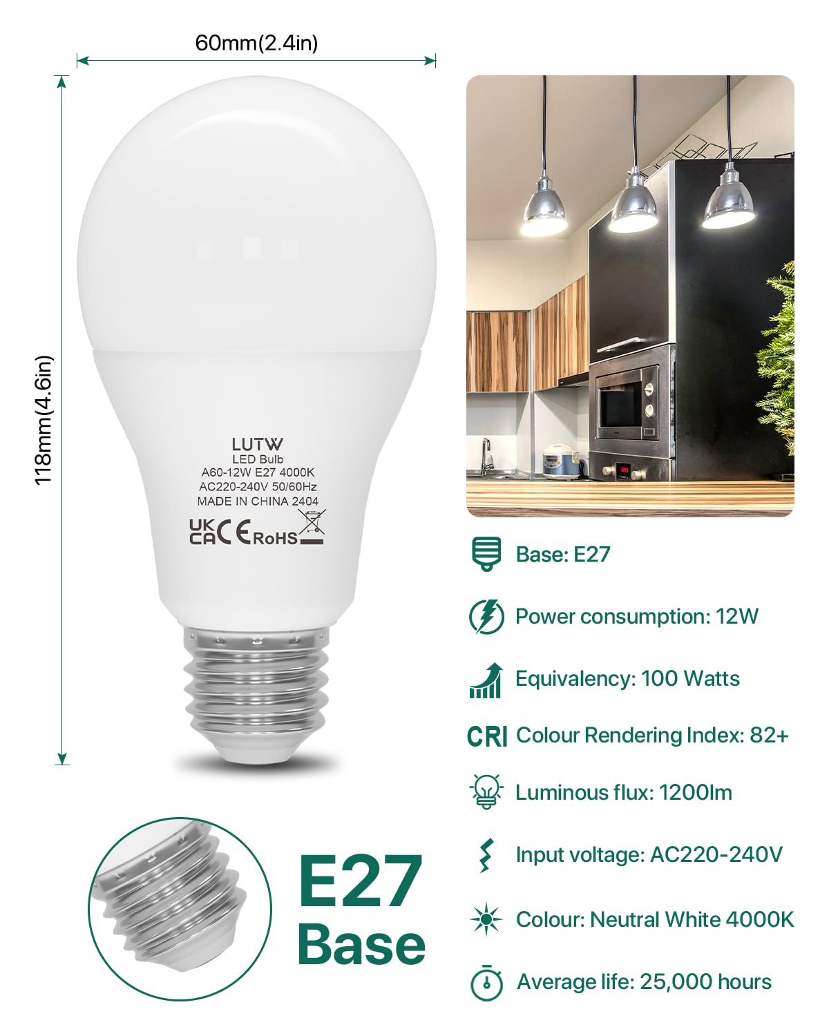 LUTW E27 Screw Bulb, Neutral White 4000K, 12W E27 LED Bulb Equivalent to 100 Watts Incandescent Bulb, 1200LM Super Bright Screw in Light Bulbs for Lamps, Non-dimmable, Pack of 6
