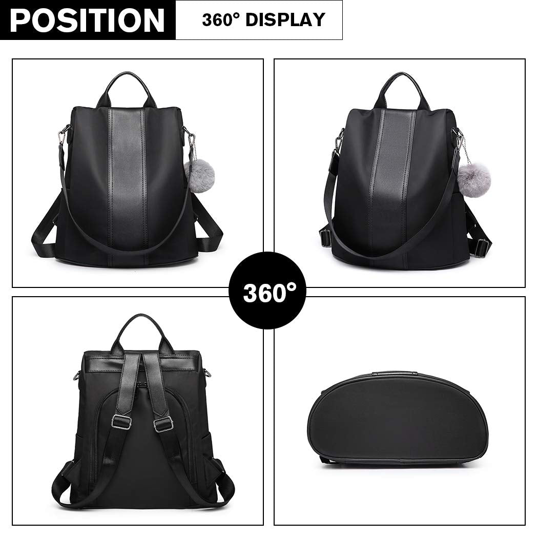 Miss Lulu Anti Theft Backpack for Ladies – Black Waterproof Rucksack School & Work Bag | Womens Backpack Travel Essentials with Pom Pom
