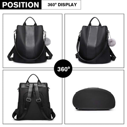 Miss Lulu Anti Theft Backpack for Ladies – Black Waterproof Rucksack School & Work Bag | Womens Backpack Travel Essentials with Pom Pom