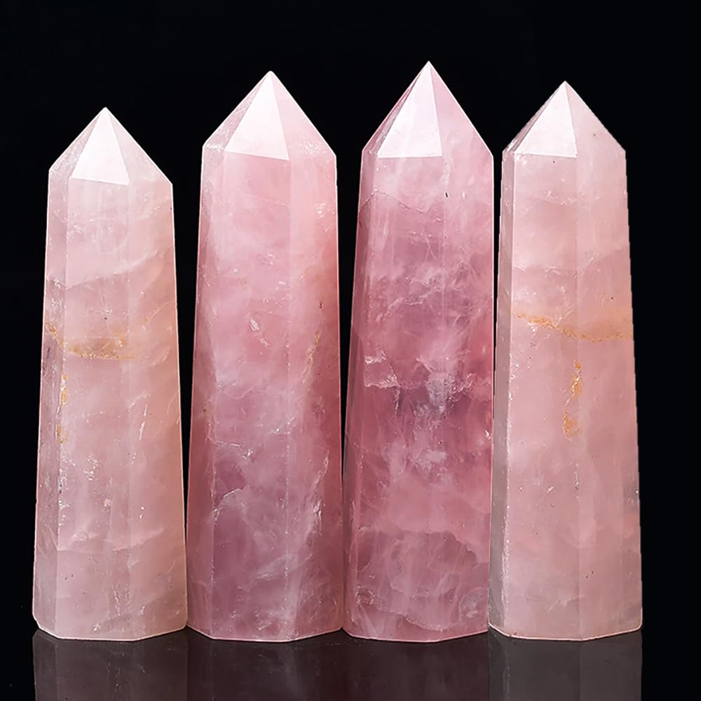 4PCS 1.96-2.75" Natural Crystals Tower Figurine Ornaments Polishing Rose Quartz Amethyst Stone Hexagonal Point Wand Obelisk Statue for Aquarium Decorative Rocks Gifts Home Decor(1.96-2.75inch 4pcs)