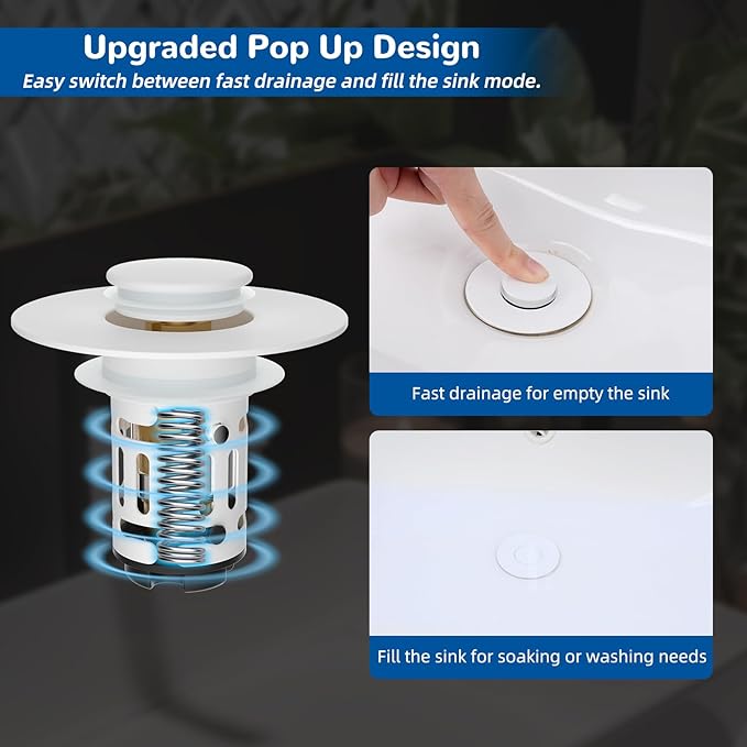 Hibbent Upgraded 3 in 1 Bathroom Sink Drain Strainer, Universal Pop Up Stopper