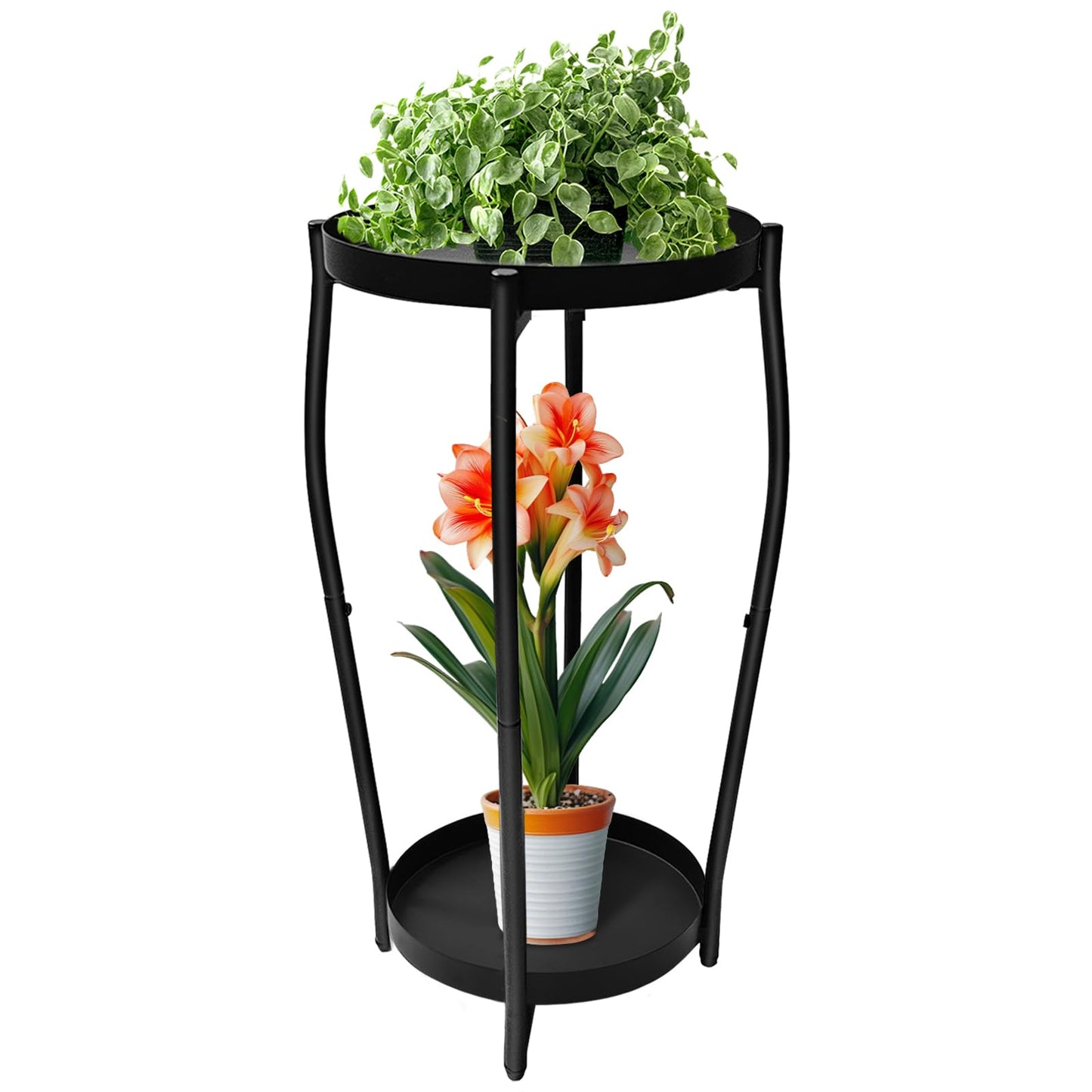 Uniqcovosa Plant Stand Indoor, 2 Tier Tall Wood Plant Stand, 4-Leg Floor Corner Plant Stands, Heavy Duty Plant Shelf Plant Rack Flower Stands For Home Decor (B - Black)
