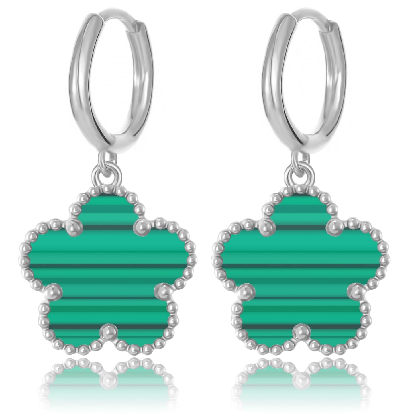 Gold Plated Five Leaf Clover Dangle Earrings for Women Lucky Flower Jewelry (Green Stripe-White Gold Plated)