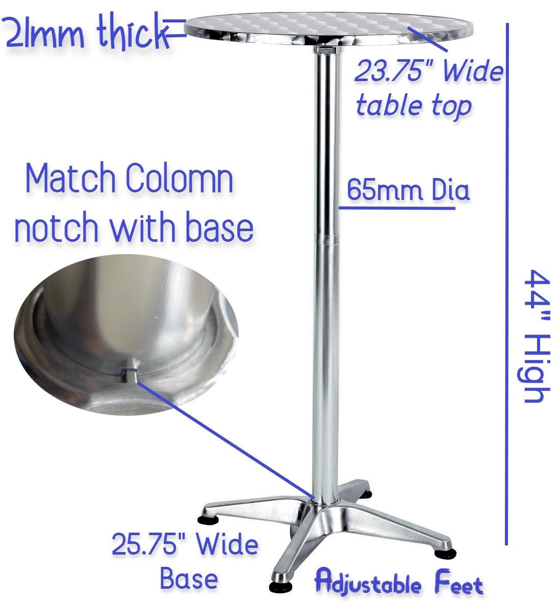 BTEXPERT Set of 2, Aluminum Indoor Outdoor 23.75" Round Restaurant Bar Height 44" Table fix top, Patio Stainless Steel Silver Furniture 25.75" Base