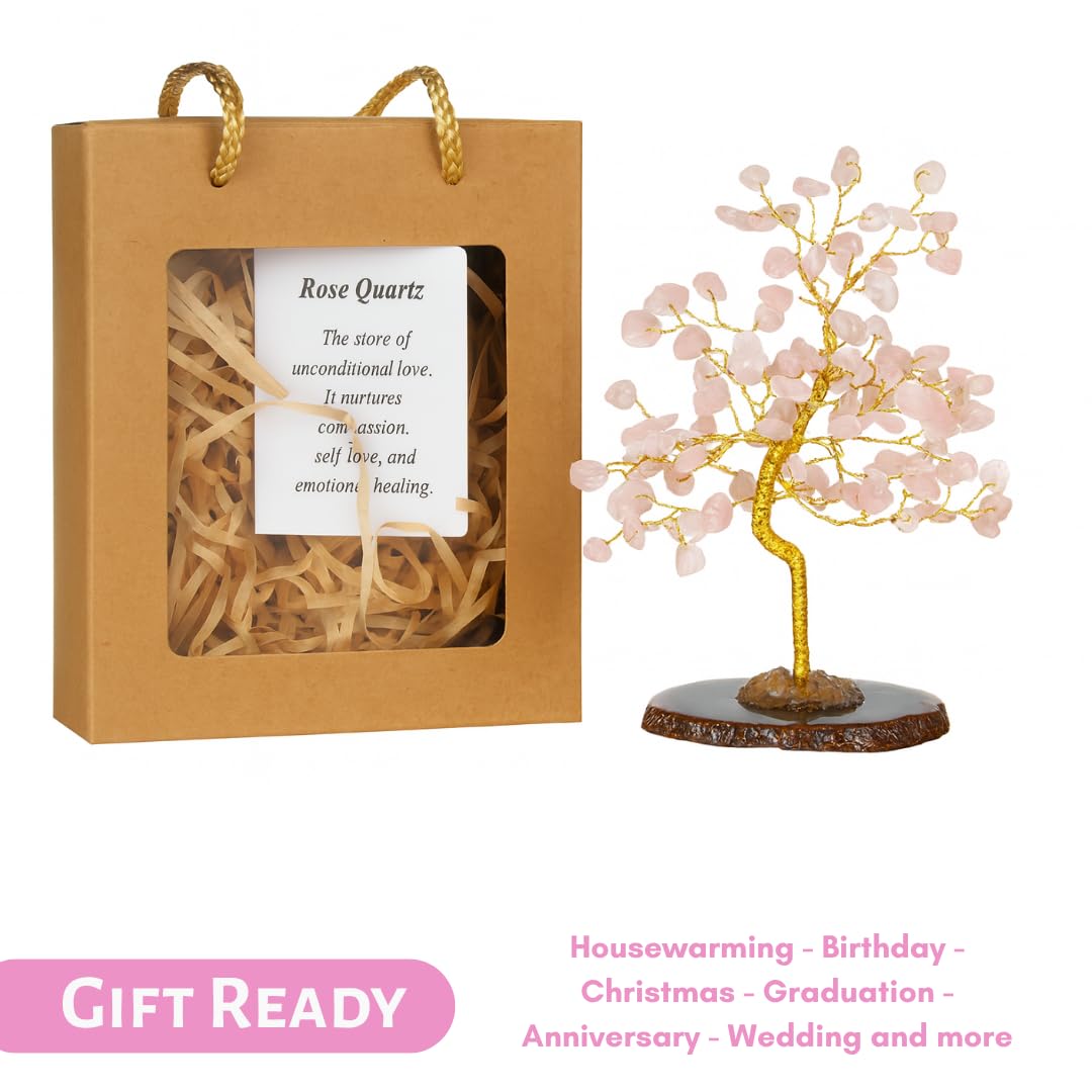 Real Crystal Tree of Life, Pink Rose Quartz Bonsai Money Tree with Agate Base, Spiritual Gemstone Feng Shui Decor with Gold Wire, Housewarming Birthday Gift (Rose Quartz (Pink))