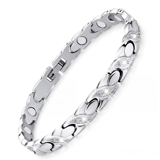 Feraco Magnetic Bracelets for Women Titanium Steel Bracelet with Ultra Strength Magnets & Sparkling Crystals Gifts for Women (Silver)