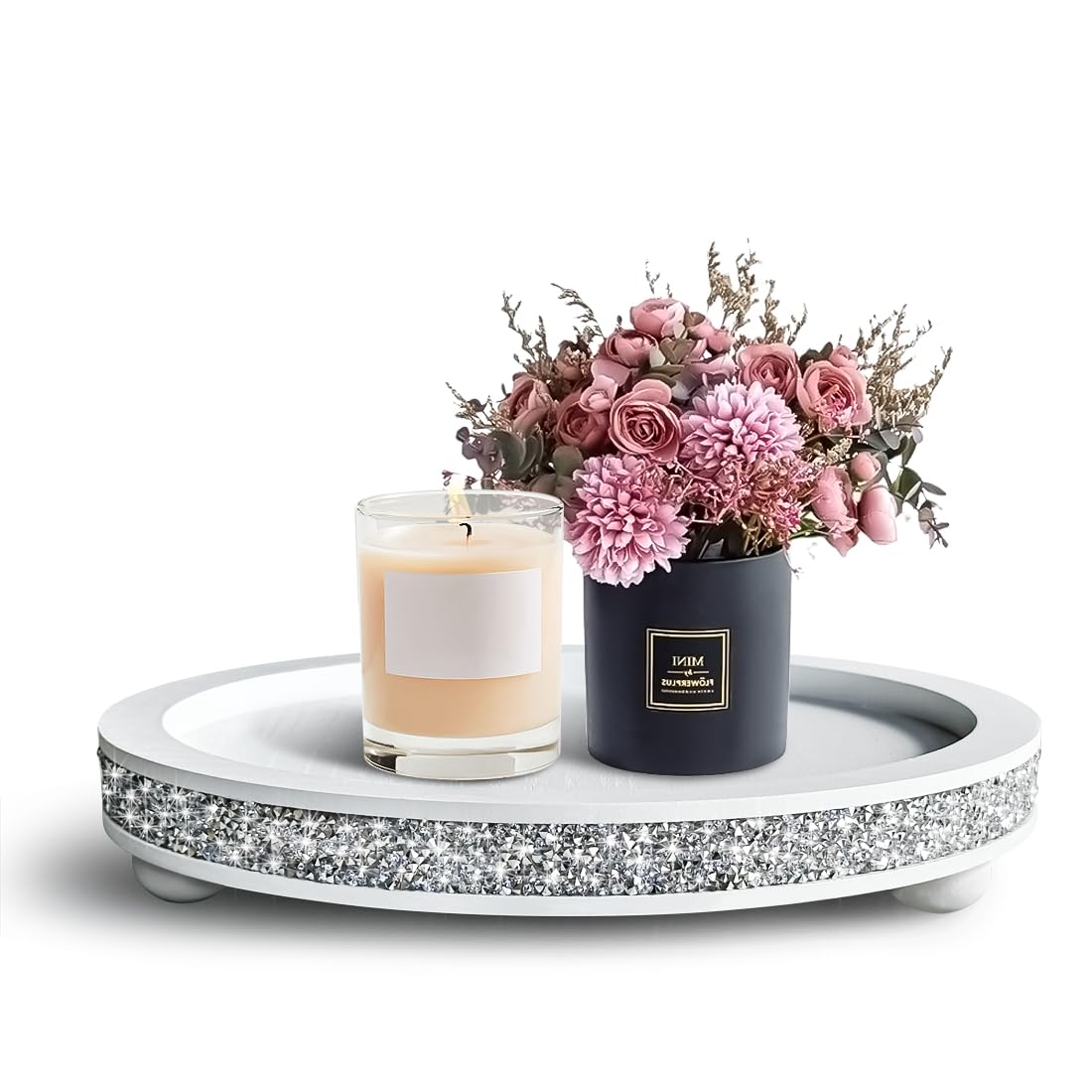 12 inch Round Wood Tray, Acrylic Diamond Decoration, Decorative Tray for Living Room, Coffee Table or Kitchen Table Service Tray, White