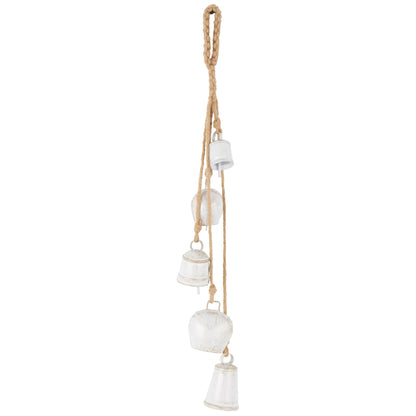 Deco 79 Metal Indoor Outdoor Decorative Bells Tibetan Inspired Cascading Meditation Bell with 5 Bells on Jute Hanging Rope, Cow Bell 3" x 3" x 28", White