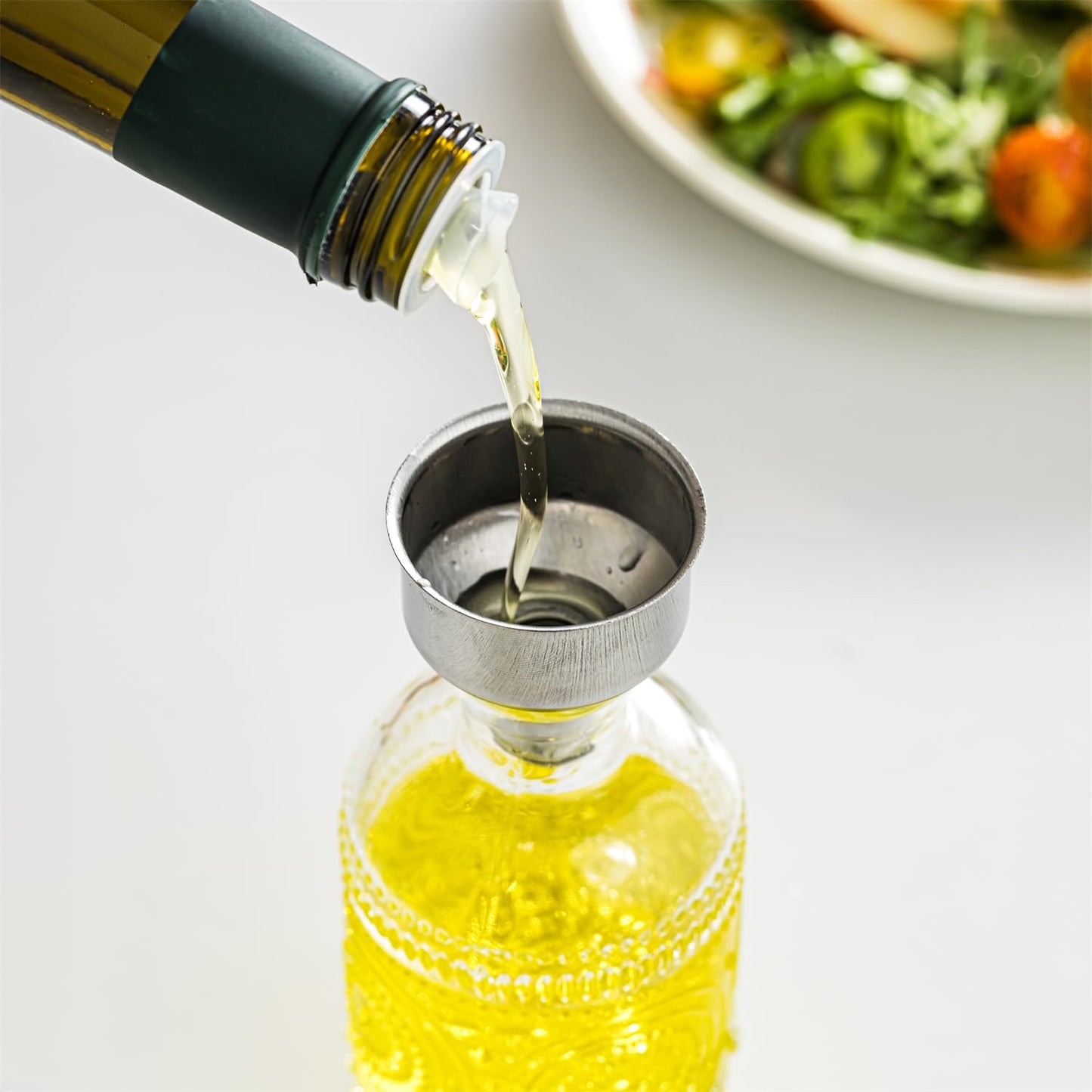 ZLTASYRY Olive Oil Dispenser Bottle for Kitchen, 7OZ Glass Oil and Vinegar Dispenser Set, Elegant Oil Container Soy Sauce Dispenser with Stainless Steel Pour Spout,Glass Stopper and Funnel