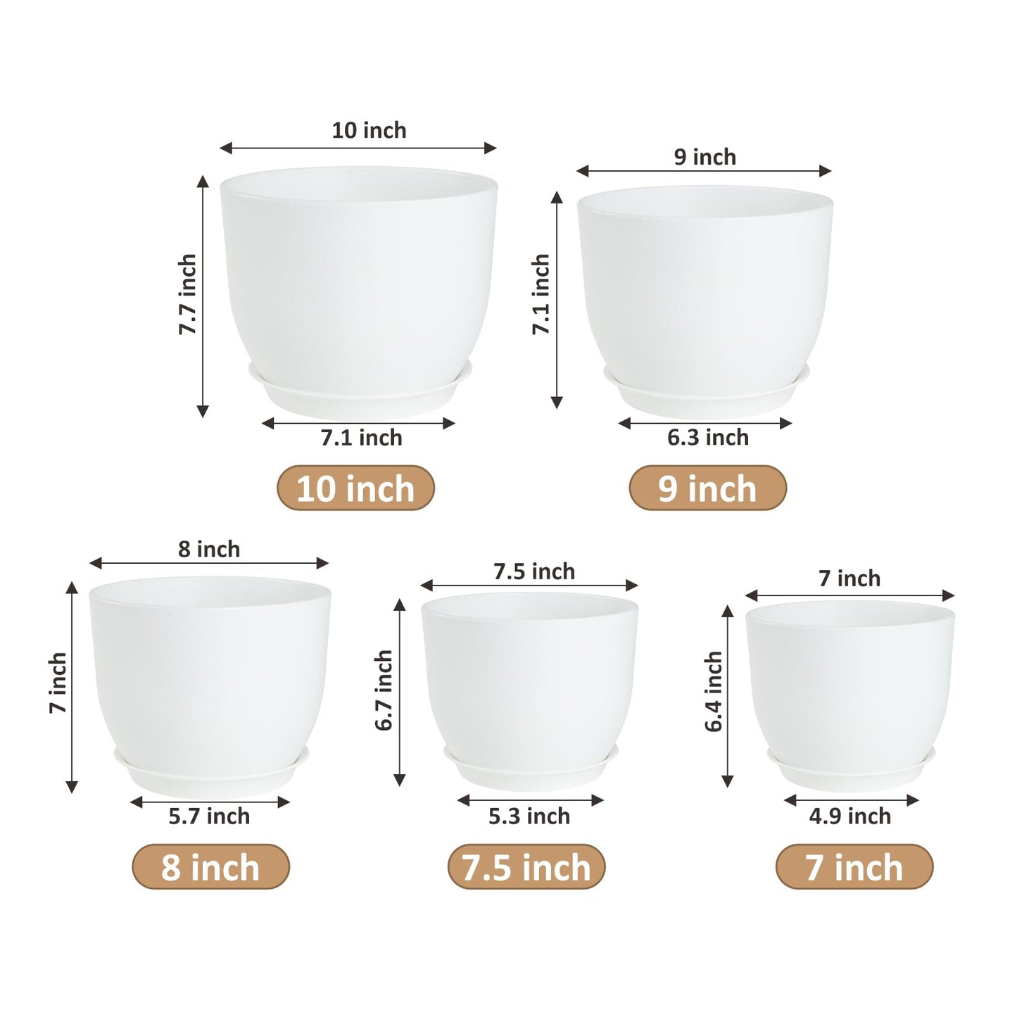 YNNICO Plant Pots 10/9/8/7.5/7 inch Flower Pots with Multi Mesh Drainage Holes, Planters for Indoor Outdoor Garden Plants and Flowers. (White)