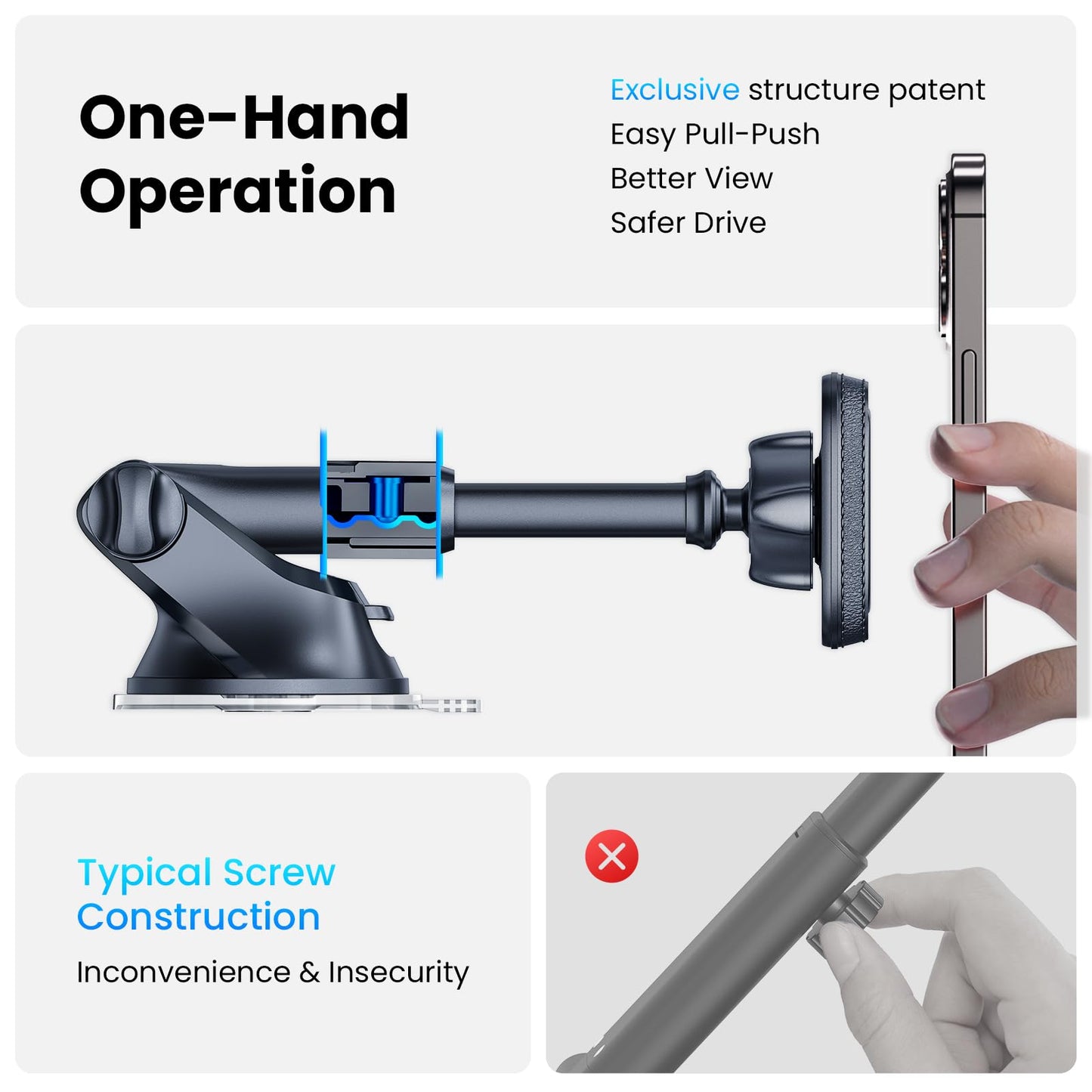 APPS2Car Magnetic Phone Car Mount, Universal Dashboard Windscreen Industrial-Strength Suction Cup Car Phone Mount Holder with Adjustable Telescopic Arm, 6 Strong Magnets for All Cell Phones