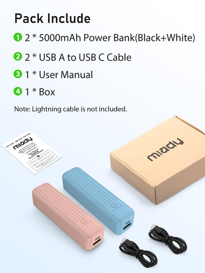 Miady 2-Pack Small Portable Charger, 5000mAh Mini Battery Pack 3.45oz Lightweight Power Bank 5V/2.4A Output & 5V/2A Input Compatible with iPhone, Galaxy, Android etc