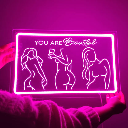 Britrio Lady Back Neon Sign Pink Neon Wall Art Decor You Are Beautiful LED Night Light for Girl Bedroom Man Cave Home Bar Pub Store Home Party Decor Women Birthday Gifts 15.75 IN