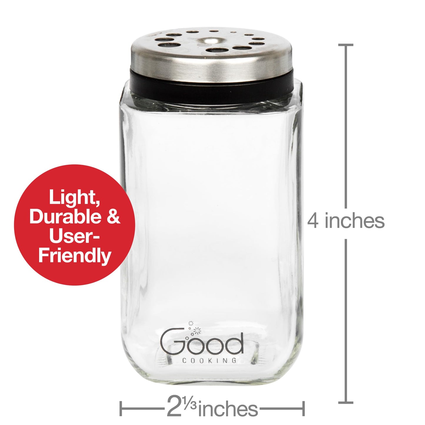 Adjustable Glass Spice Jars (Set of 12) with 6 Pouring Sizes- Stainless Steel Lid/Cap- Square Seasoning Bottle Containers for Minimalist Kitchen Pantry Storage Organization- Fill Shaker w Salt Pepper