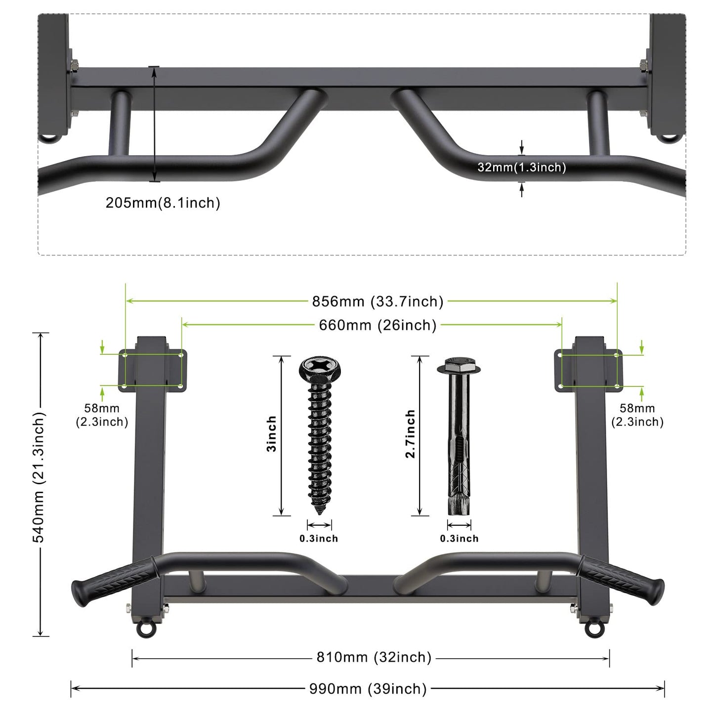 Kipika Joist Mount Pull Up Bar - Heavy Duty Chin Up Bar - 4 Height Levels, Multi-Angle Grip, Rings for Accessories - Ideal for Home Gym Workout and Crossfit Training