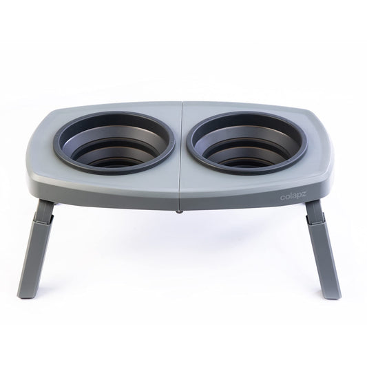 Colapz Collapsible Dog Bowls with Adjustable Stand – Foldable Elevated Food & Water Bowls for Dogs & Cats – Travel, Camping & Car – Silicone Pet Bowls with Carry Bag, Grey
