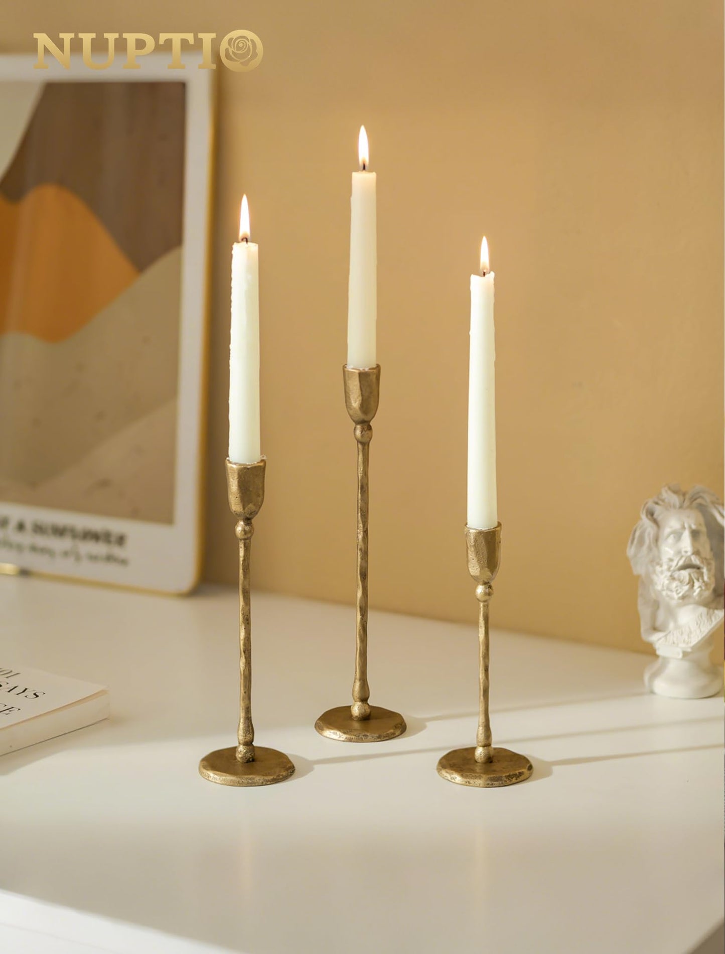 NUPTIO Iron Taper Candle Holders: Antique Brass Candlestick Holder for Thanksgiving Christmas Party - Set of 3 Tall Gold Candles Stick Decor for Fireplace Table Centerpiece