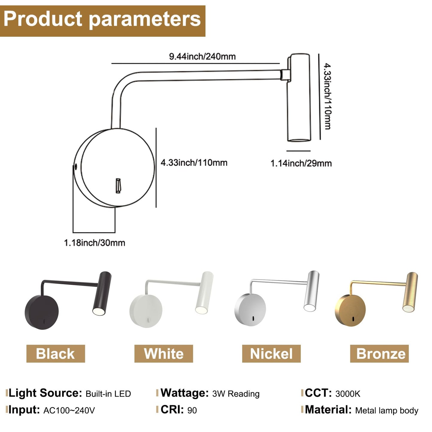 ZEROUNO Wall Mounted Reading Light for Bedroom LED Hardwired Sconce with Switch on/Off Modern 3000K Swing Arm Bedside Wall Mount Lamp (Black)