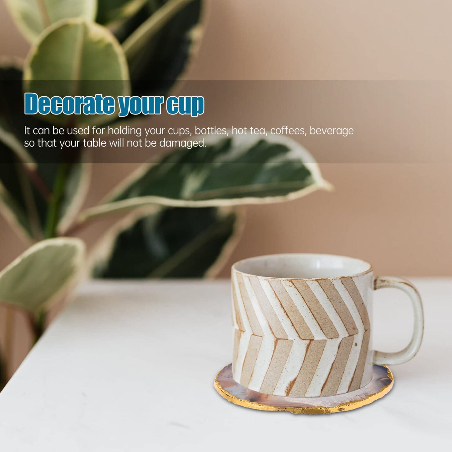 Kichvoe Natural Grey Agate Slice Coaster - Golden-Plated Drink Coaster for Home Decor & Table Protection - 3.54 X 3.34 Inches