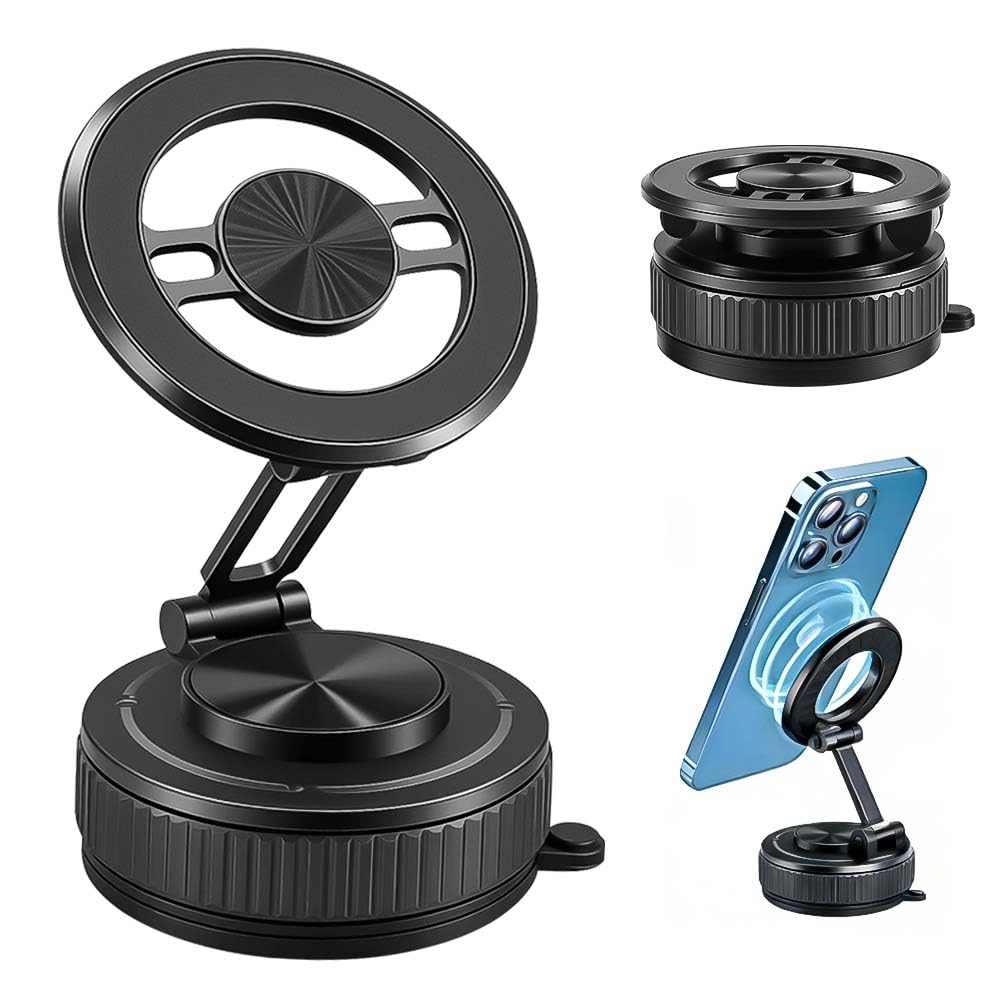 METINFUS Vacuum Magnetic Phone Holder for Car, 360° Ajustable Car Holders for Magsafe,Ultra Strong Suction Cup Phone Mount, Foldable Cell Phone Holders for Car/Gym/Mirror Bracket for iPhone & Android