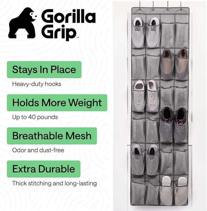 GORILLA GRIP Over the Door Shoe Organizer, 24 Large Breathable Mesh Pockets