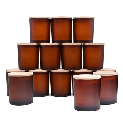 SHOWIN 10 OZ Thick Candle Jars for Making Candles 15 Pcs, Empty Jars with Wood Lids for Candle Making, Sample Container, Frosted Brown