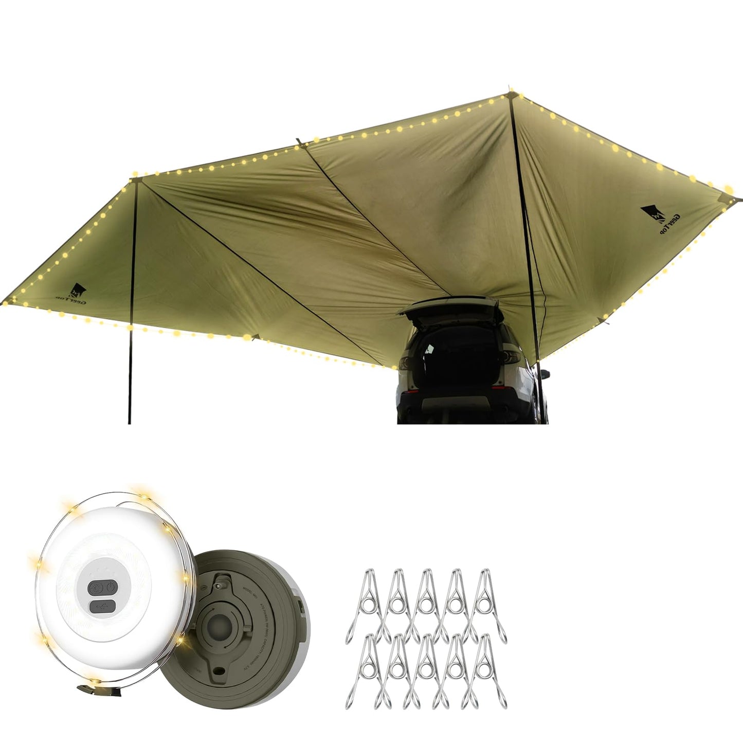 GEERTOP Large Car Tailgate Awning Tarp with 10m LED String Lights Waterproof Outdoor Rear Vehicle Awning Shelter for Van, MPV, Campers