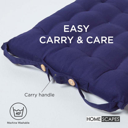 HOMESCAPES - Seat Pad - Navy Blue - 40 x 40 cm - Indoor - Garden - Dining - Chair Cushion with a Button Tie Handle to fix to Chair - 100% Cotton - Well Filled - Easy Care - Washable At Home