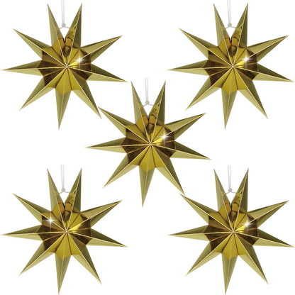 5Pack 9-Pointed Paper Star Lantern 11.8 inch Hanging Paper Lampshade for Winter Wonderland Xmas Day Decoration Wedding Birthday Party Home Decor (Gold)