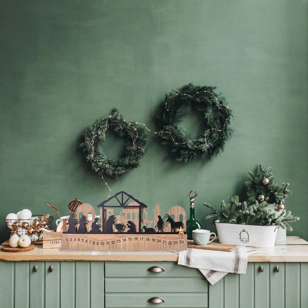 Nativity Sets for Christmas Countdown Calendar, Indoor Rustic Christmas Decor With Wooden Base 3D Design, Xmas Manger Scene for Tabletop Office Shelf Mantel Decoration (Black)