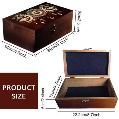 arricraft 1 Pc Wooden Memorial Storage Box, Sun and Moon Evil Eye Dreamcatcher Stars Flowers Pattern Rectangle Pine Photo Box for Anniversary Jewelry Board Storage (9.45x5.51x3.54 Inch)