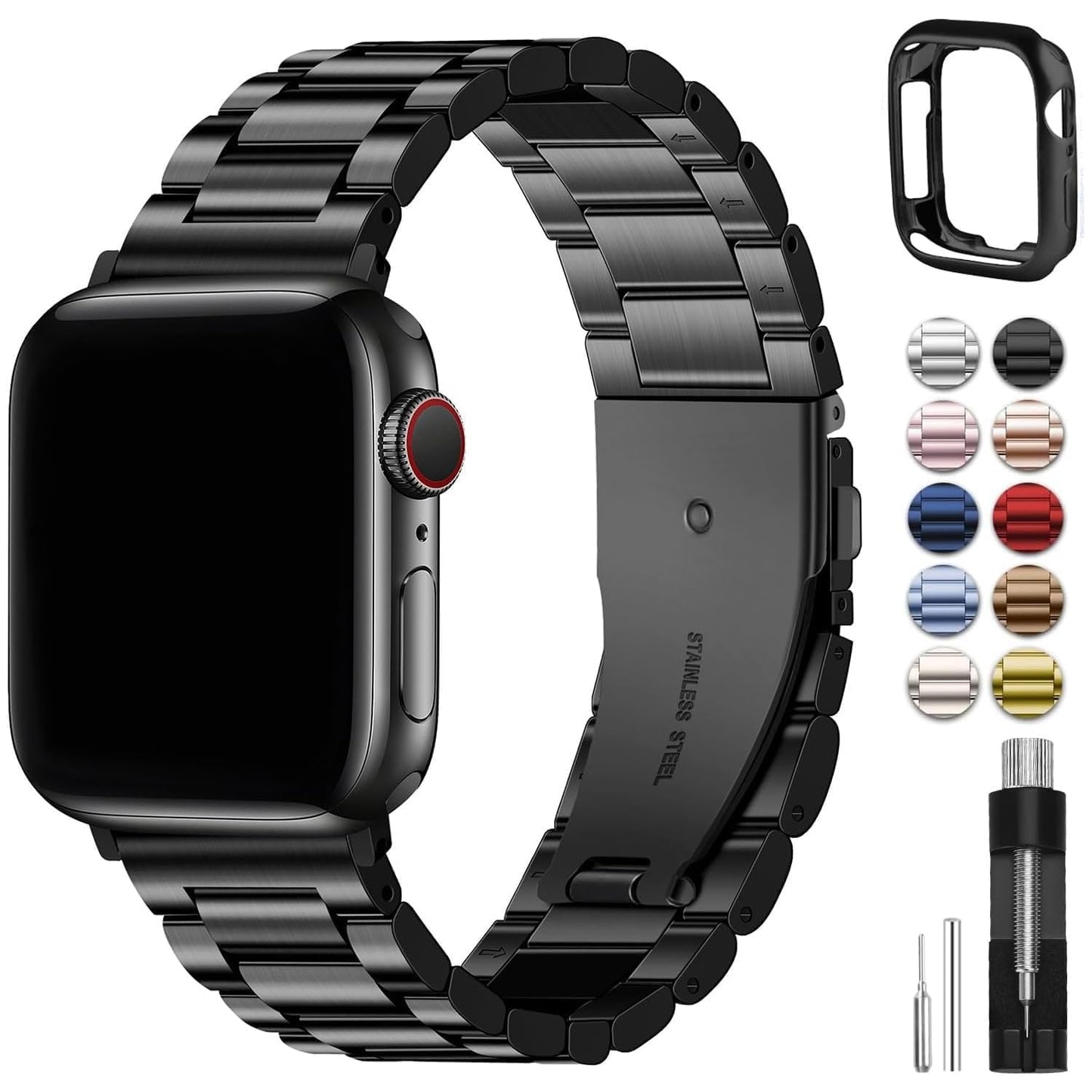 Fullmosa Compatible with Apple Watch Straps 44mm 46mm 45mm 49mm 42mm 41mm 40mm 38mm, Metal Stainless Steel Replacement Bands for iWatch Ultra SE 3 2 1 Series 11 10 9 8 7 6 5 4, Black & Protective Case