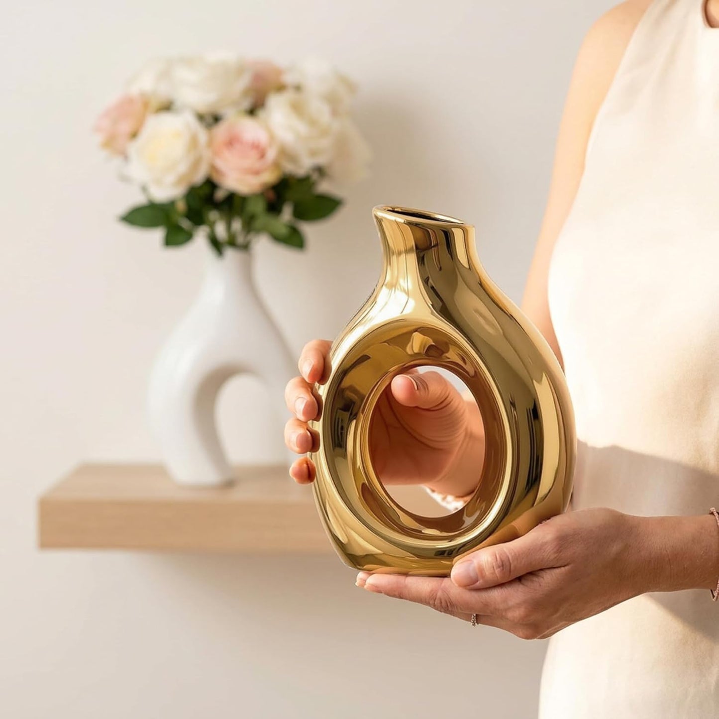 TZIZO Gold Vases Set of 2, Ceramic Flower Vase for Home Decor