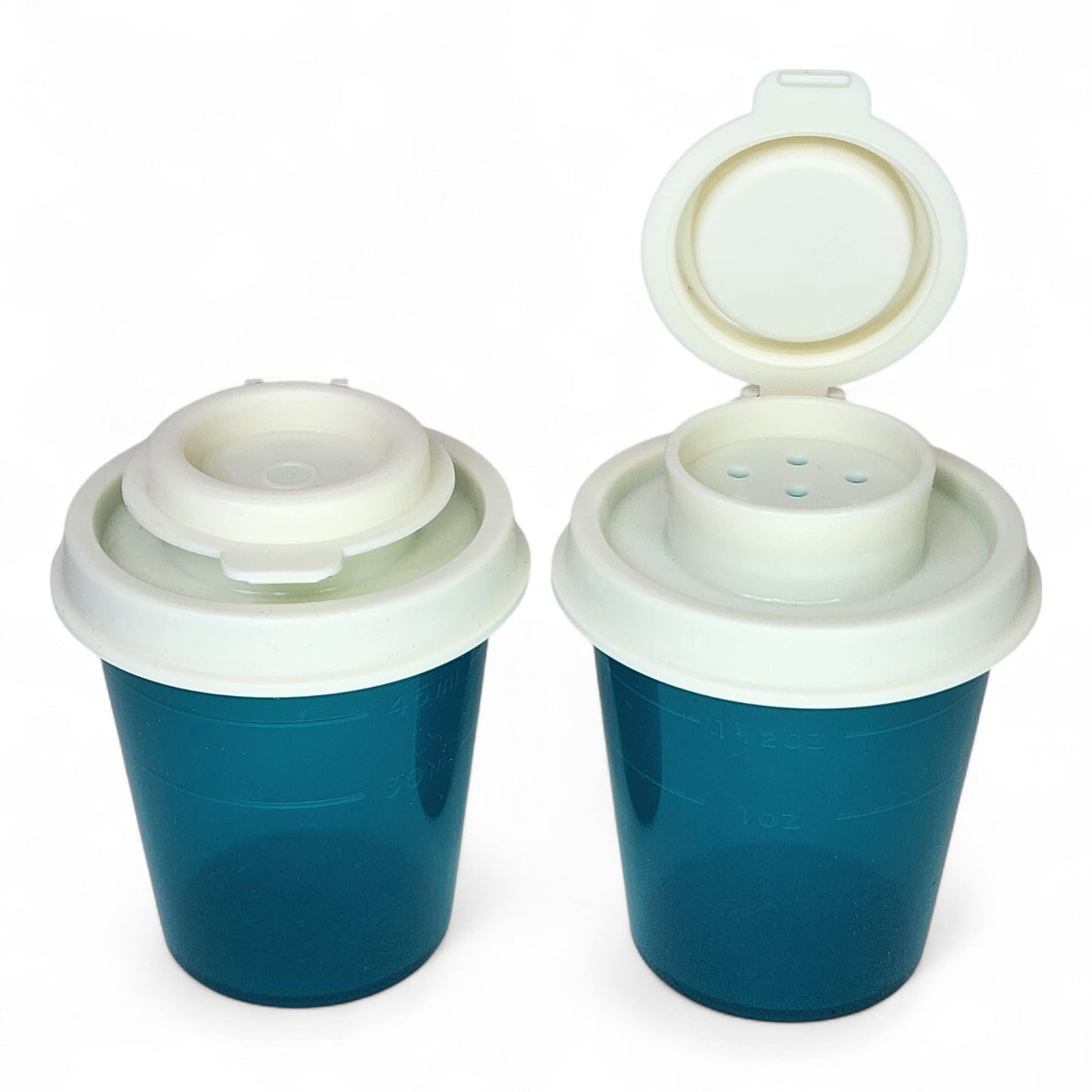 Tupperware Mini Salt and Pepper Shakers Set of 2 Teal Green with Cream Lids