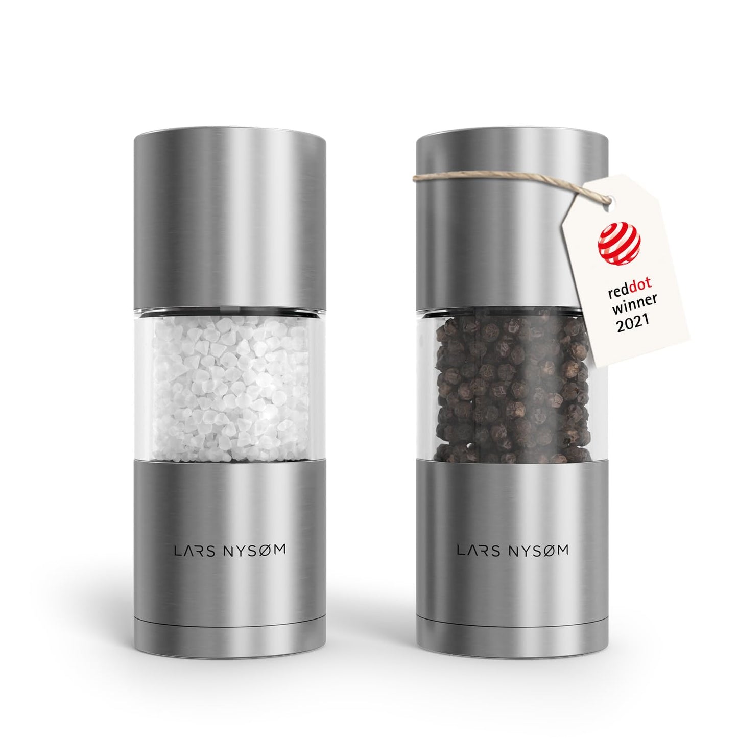 LARS NYSØM Salt and Pepper Grinder Set, Manual Salt and Pepper Mills with Adjustable Ceramic Grinder, Design Spice Shaker Set (Stainless Steel)