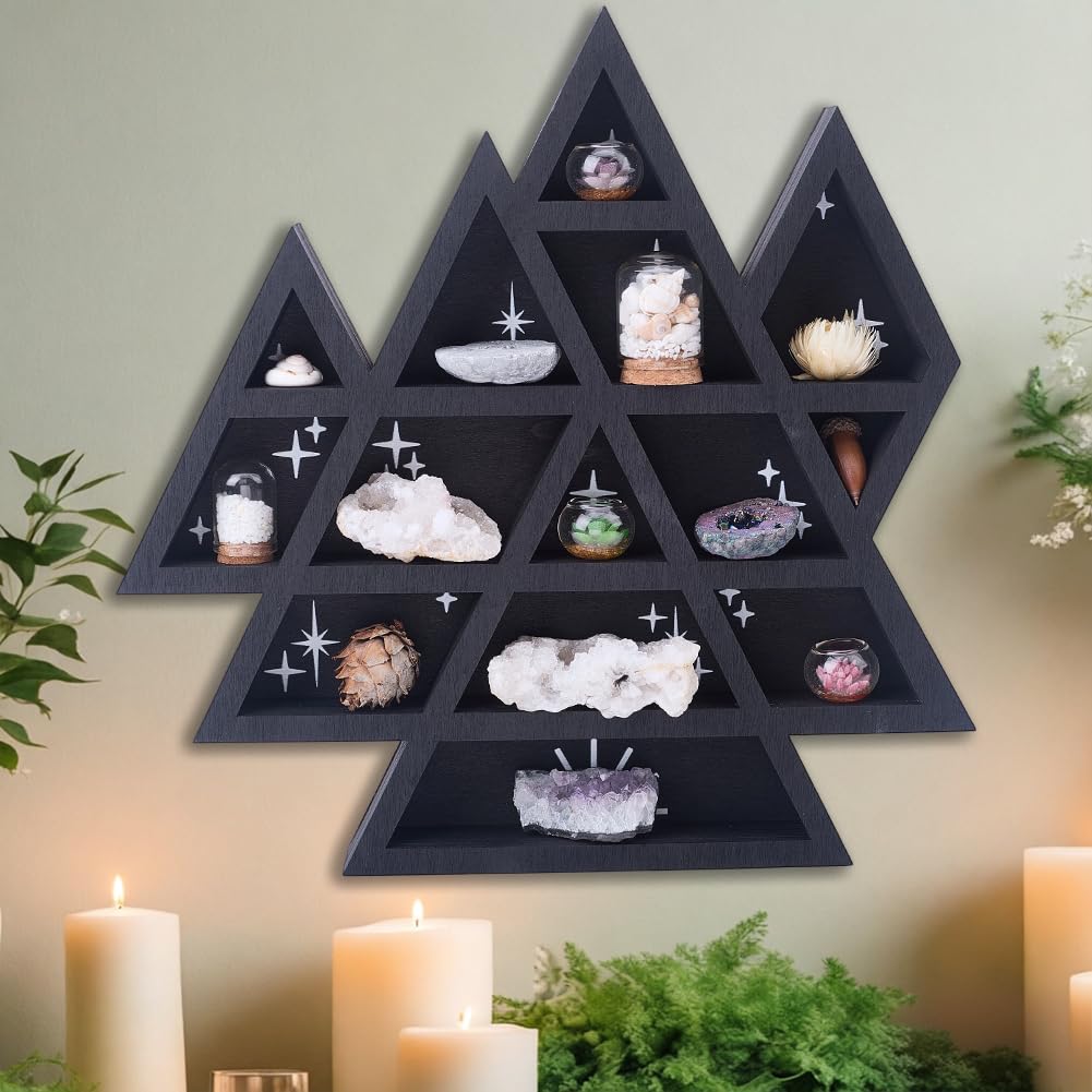 PRESSINART Crystal Display Wall Mount 11.8 x 11.8 Inch Rustic Floating Wall Decor, Wooden Mountain Shelves Oils Trinkets Gemstone Triangle Storage Organizer for Meditation Spiritual Gift Home Decor