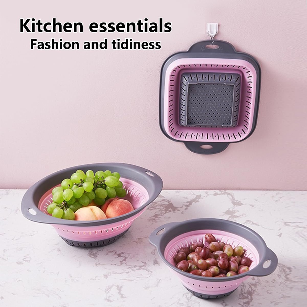 Collapsible Colander and Strainer,Silicone Strainer Colanders & Food Strainers,for Vegetable and Fruit, Kitchen Essentials (2, White, 1.3L+2.5L)