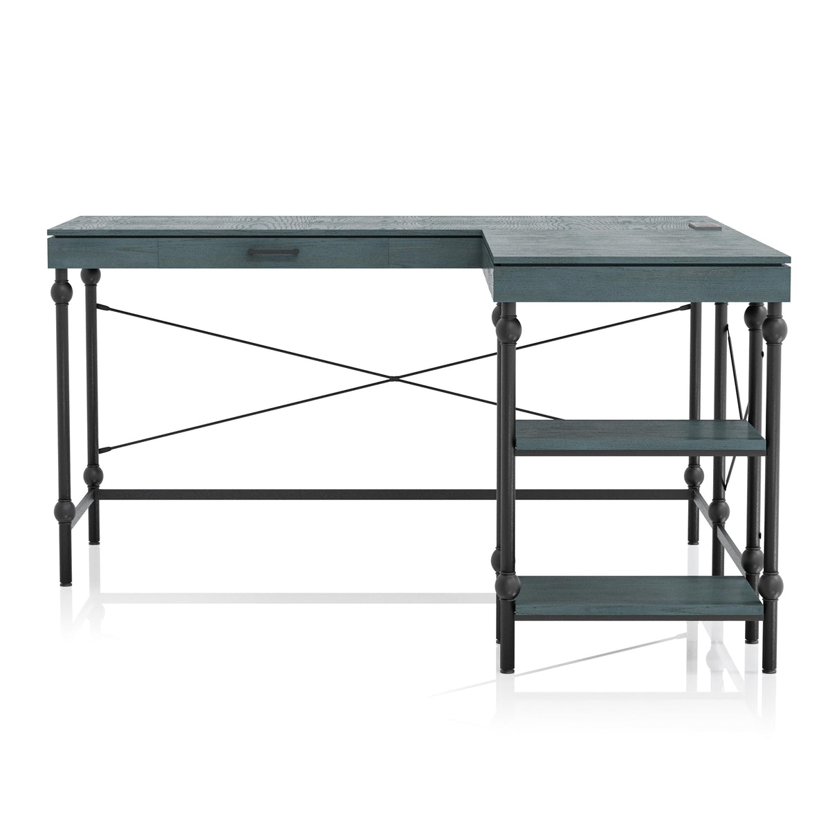 24/7 Shop at Home Monier Farmhouse Metal 2 Shelves Corner Computer Desk with USB Port, Power Outlet, 1 Drawer for Workstation, Home Office, Study Room, Antique Blue