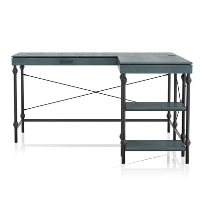 24/7 Shop at Home Monier Farmhouse Metal 2 Shelves Corner Computer Desk with USB Port, Power Outlet, 1 Drawer for Workstation, Home Office, Study Room, Antique Blue